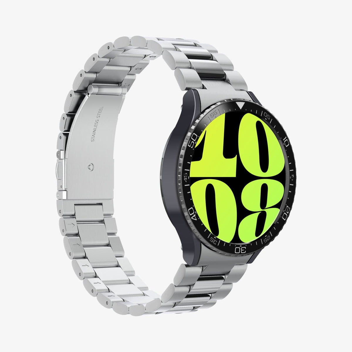 ACS06865 - Galaxy Watch 6 (44mm) Bezel Tune in black showing the front, side and partial inside of band