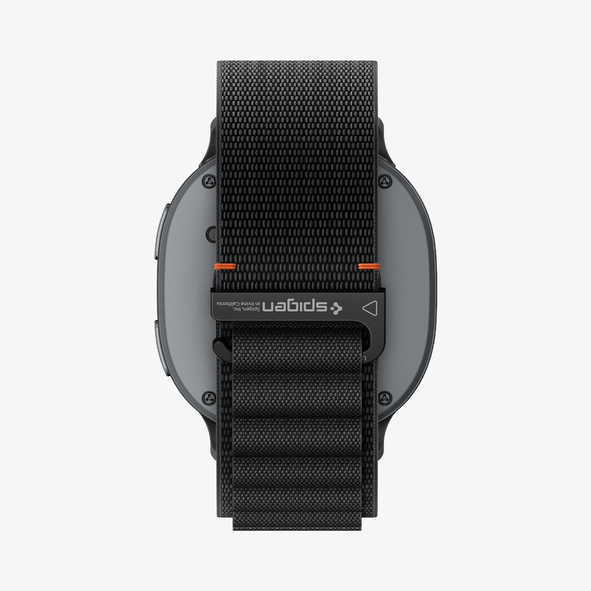 AMP11607 - Galaxy Watch 9 Series WBF1 showing Galaxy Watch 9 watch back with nylon band and Spigen logo detail
