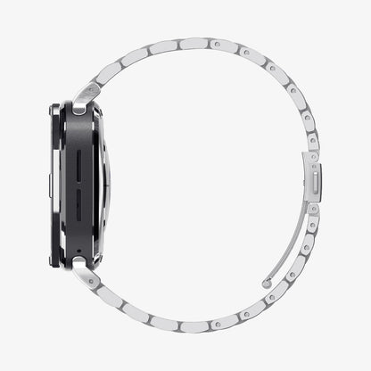 ACS11616 - SWUb Bezel Tune Silver showing the case's side profile with a silver metal link bracelet band