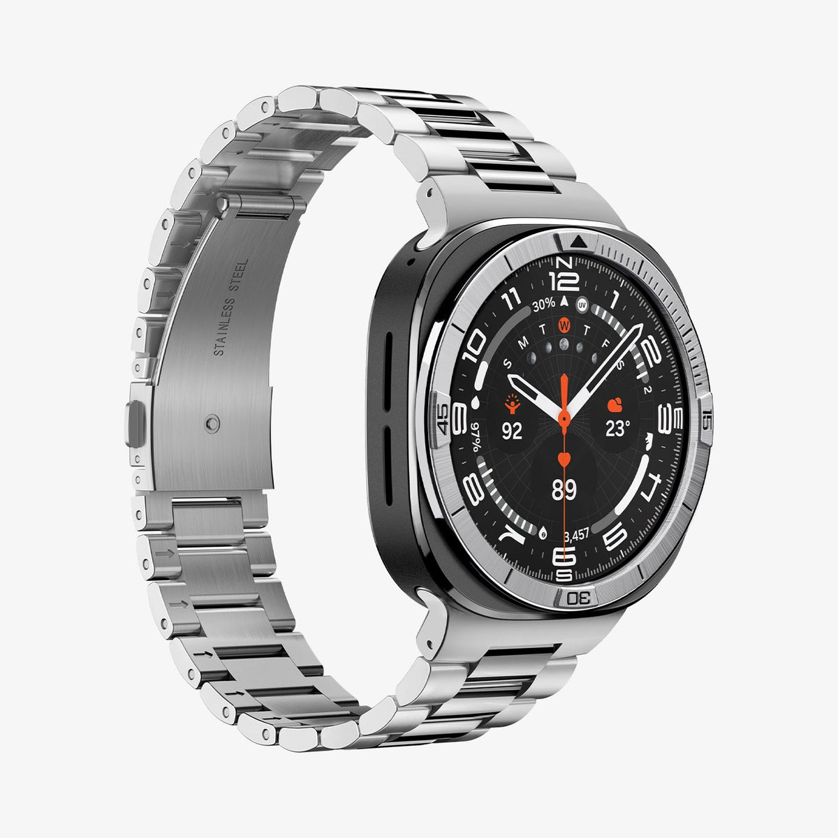 ACS11616 - SWUb Bezel Tune Silver showing the case's front angled view with a stainless steel link bracelet band