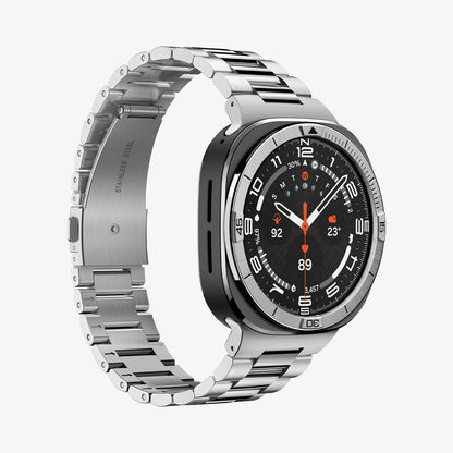 ACS11616 - SWUb Bezel Tune Silver showing the case's front angled view with a stainless steel link bracelet band