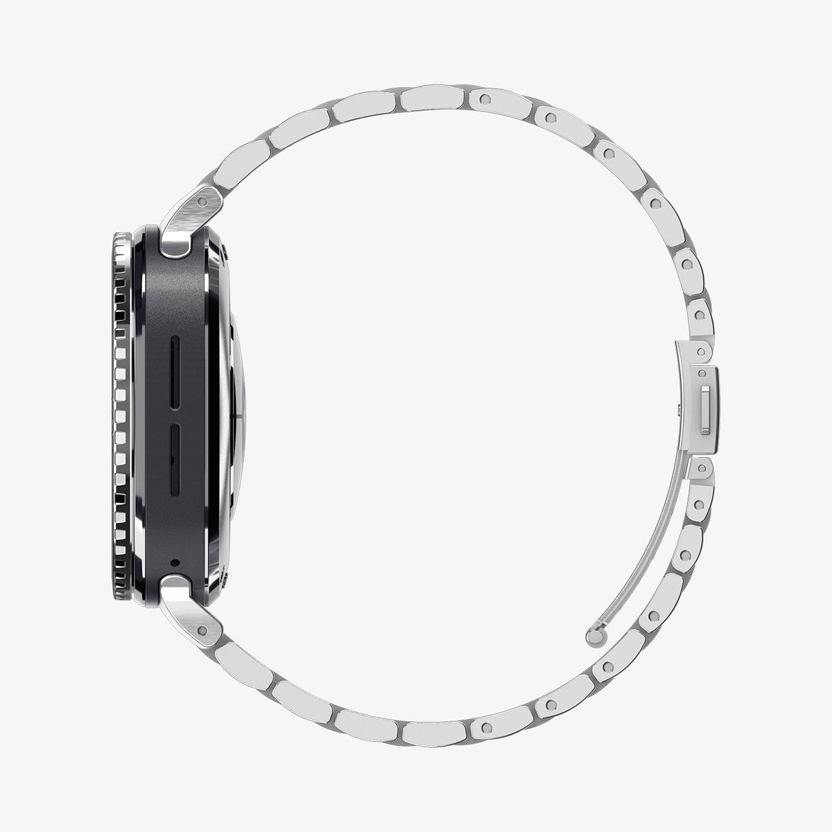 ACS11617 - SWUb Bezel Tune Black showing the case's side profile with a silver metal link bracelet band