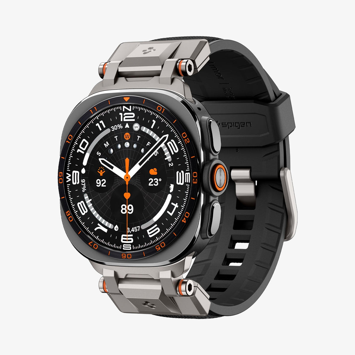 AMP11615 - Galaxy Watch Ultra Series - DuraPro Armor showing an angled view of the Galaxy Watch Ultra with the DuraPro Armor band, highlighting the case buttons and strap texture.