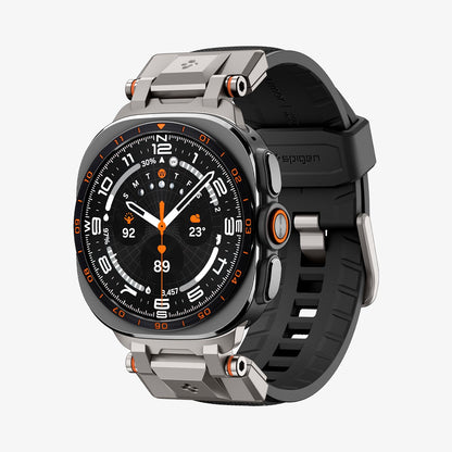 AMP11615 - Galaxy Watch Ultra Series - DuraPro Armor showing an angled view of the Galaxy Watch Ultra with the DuraPro Armor band, highlighting the case buttons and strap texture.