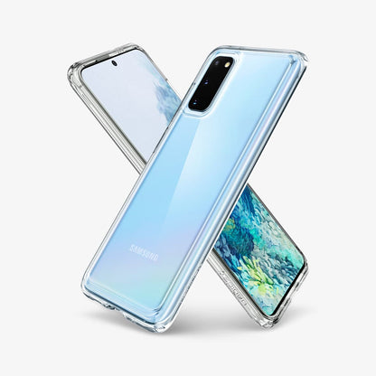ACS00792 - Galaxy S20 Ultra Hybrid Case in crystal clear showing the back, front and sides