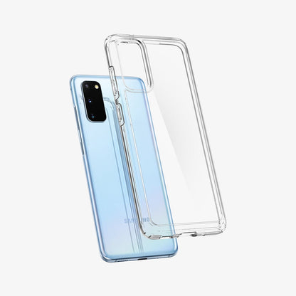 ACS00792 - Galaxy S20 Ultra Hybrid Case in crystal clear showing the back with case hovering away from the device