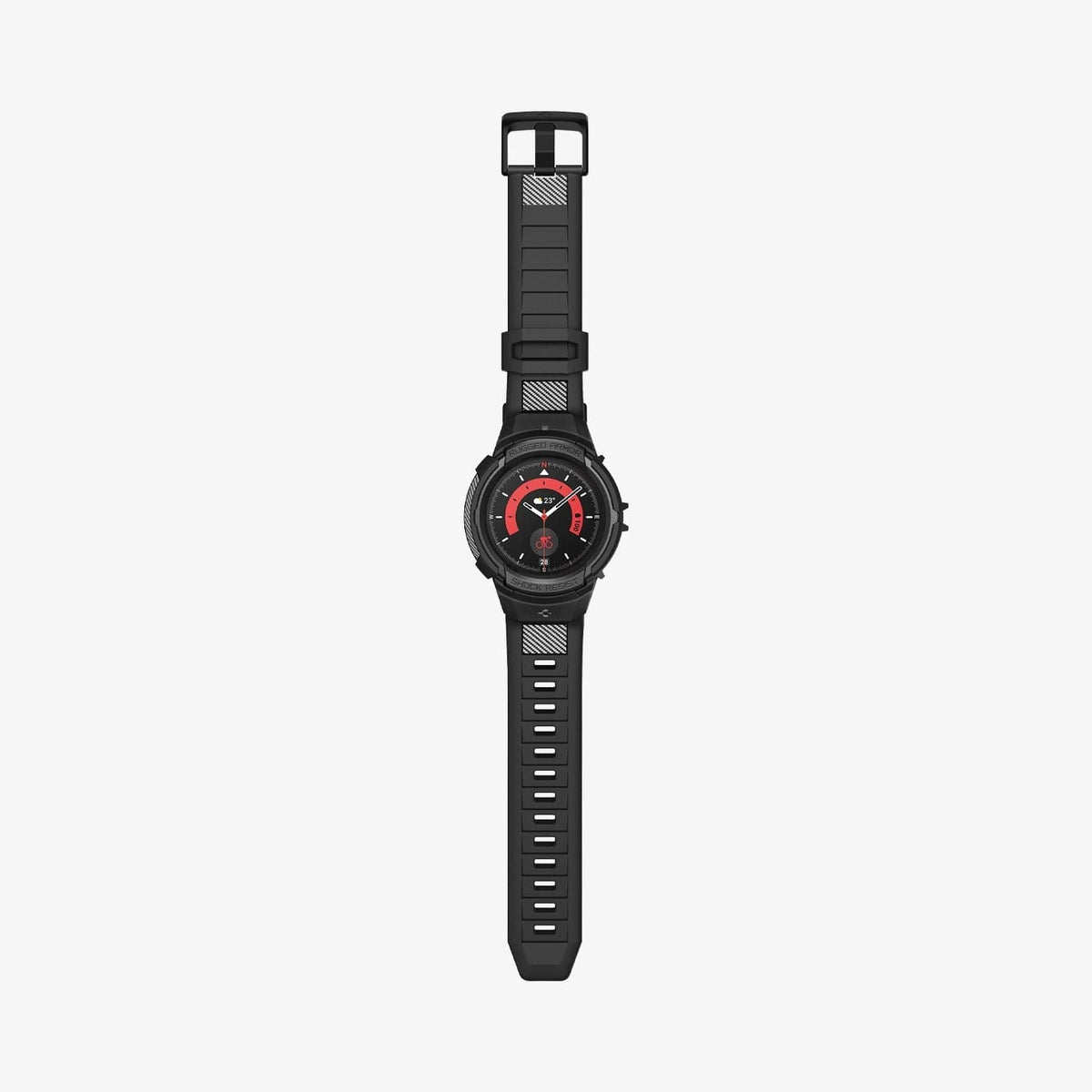ACS05301 - Galaxy Watch 5 Pro (45mm) Case Rugged Armor Pro in black showing the front with watch band laid out flat
