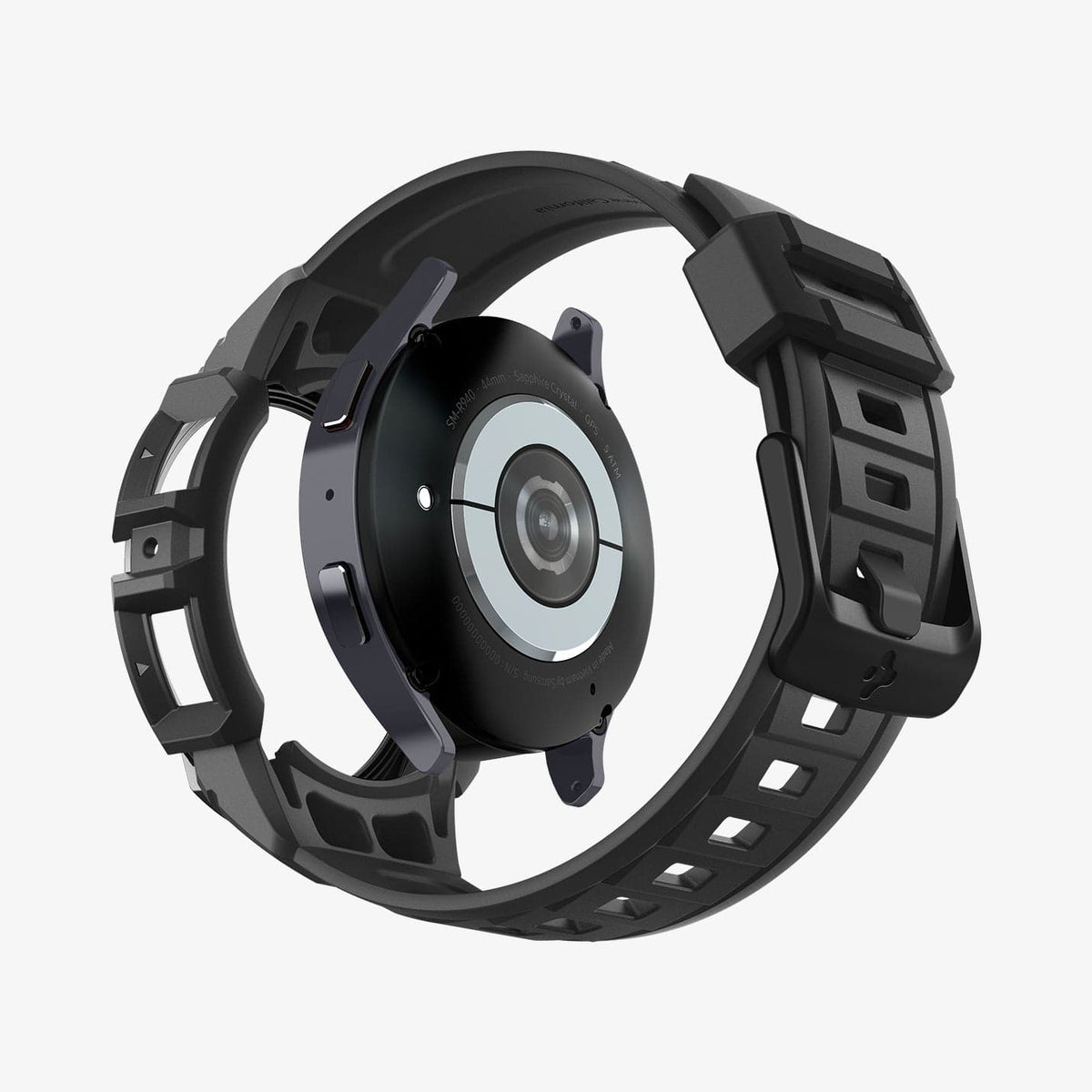 ACS06496 - Galaxy Watch 6 (44mm) Case Rugged Armor Pro in black showing the back with watch face hovering behind the band
