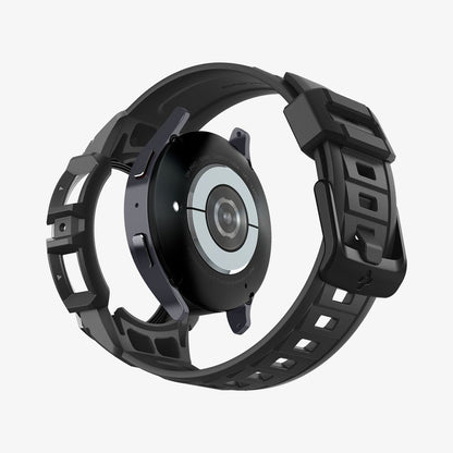 ACS06496 - Galaxy Watch 6 (44mm) Case Rugged Armor Pro in black showing the back with watch face hovering behind the band
