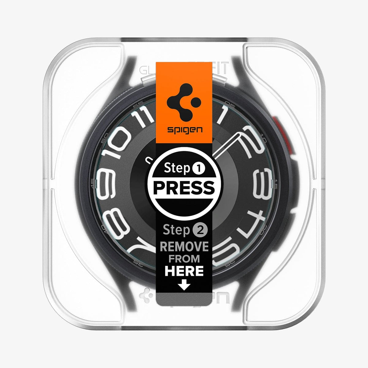 AGL07067 - Galaxy Watch 6 Classic (43mm) Screen Protector EZ FIT GLAS.tR showing the front with ez fit tray installed onto watch face