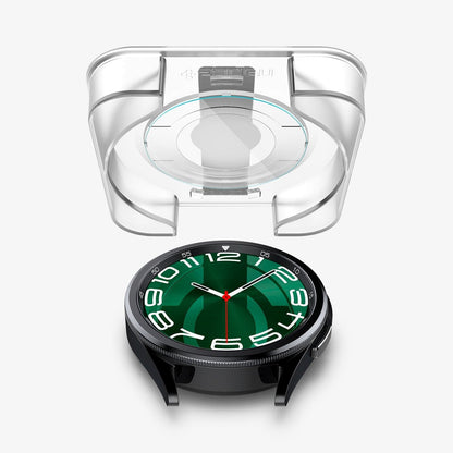 AGL07066 - Galaxy Watch 6 Classic (47mm) Screen Protector EZ FIT GLAS.tR showing the ez fit tray and screen protector hovering above the watch face