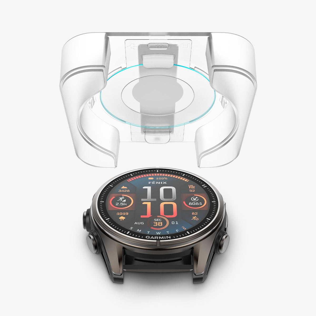 AGL09158 - Fenix 8 (47mm) Glas.tR EZ FIT in Clear showing the ez fit tray hovering above the watch face