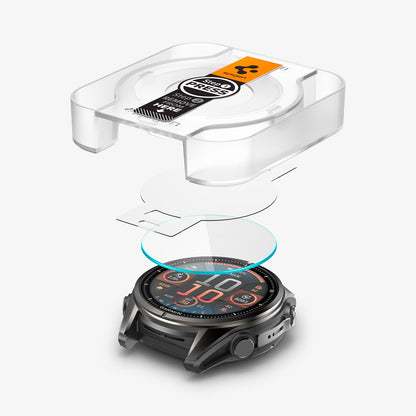 AGL09158 - Fenix 8 (47mm) Glas.tR EZ FIT in Clear showing the front of alignment tray hovering above the film strip, screen protector and the watch face