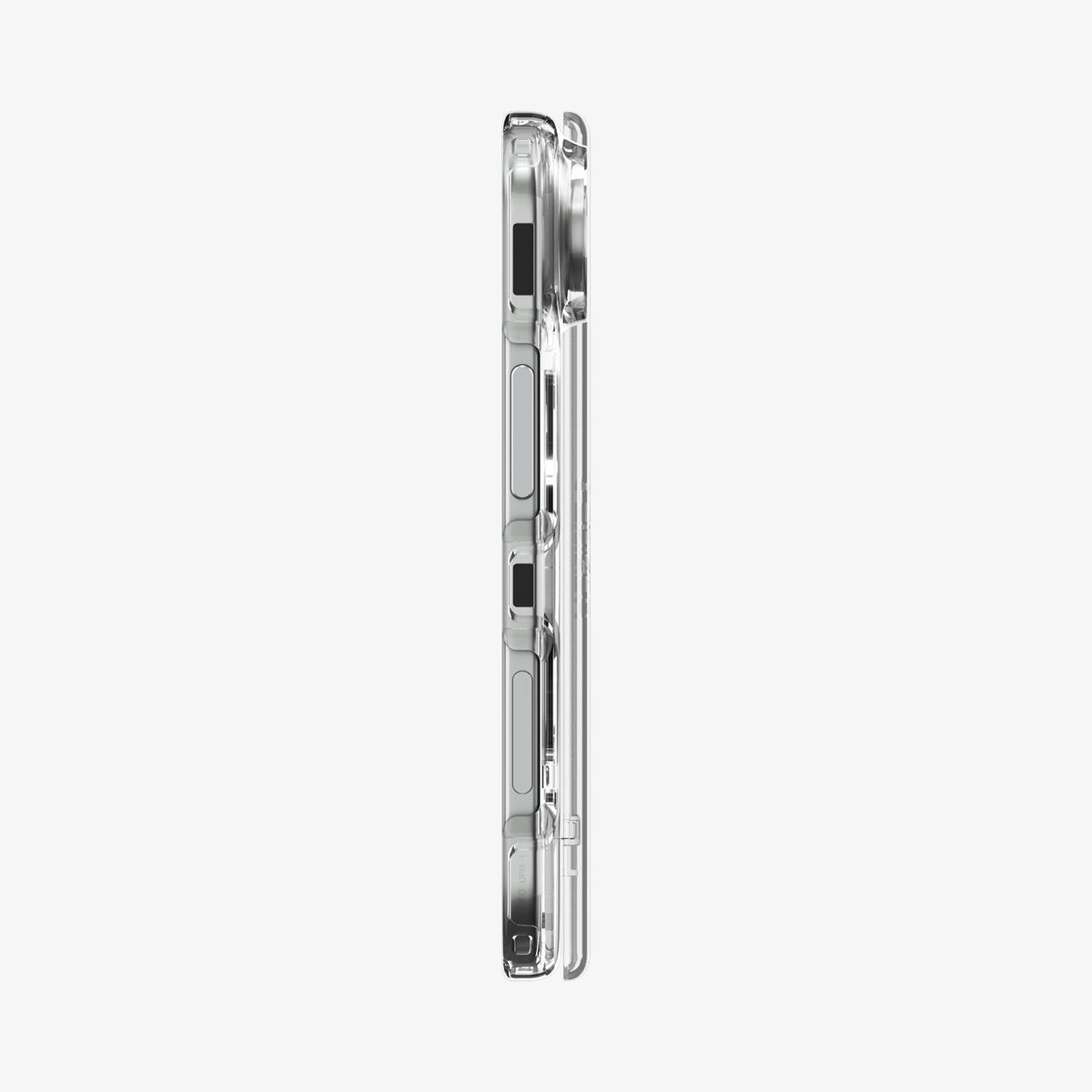 ACS11688 - iPhone Duo Ultra Hybrid Pro (Mag Fit) in Clear White showing the slim side profile with precise button cutouts and hinge protection