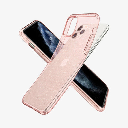 077CS27230 - iPhone 11 Pro Case Liquid Crystal Glitter in rose quartz showing the front, side and back with case bending away from device