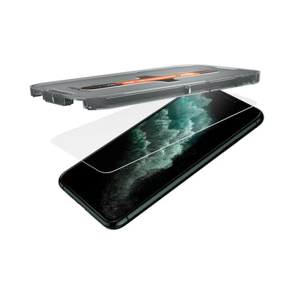 063GL25358 - iPhone 11 Pro Screen Protector GLAS.tR EZ Fit showing the ez fit tray and screen protector being installed onto the device