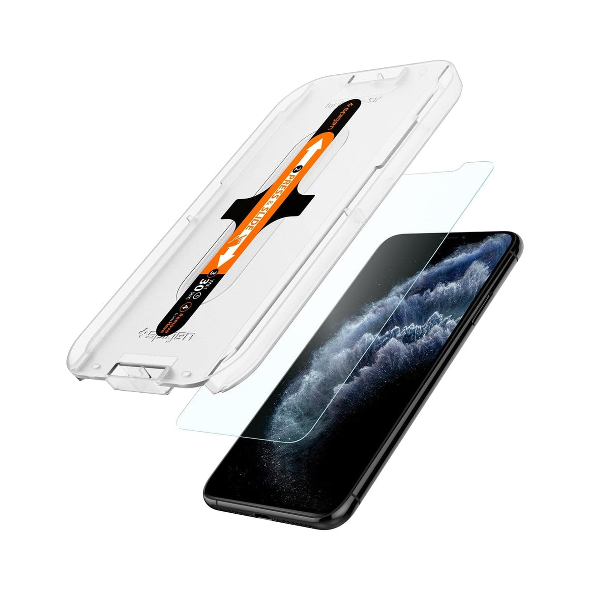 063GL25358 - iPhone 11 Pro Screen Protector GLAS.tR EZ Fit showing the ez fit tray and screen protector hovering in front of device