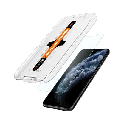063GL25358 - iPhone XS / X Screen Protector GLAS.tR EZ Fit showing the ez fit tray and screen protector hovering in front of device