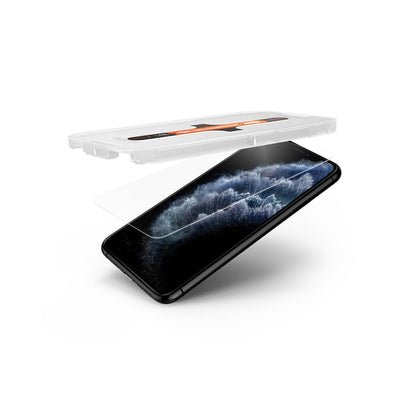 063GL25358 - iPhone 11 Pro Screen Protector GLAS.tR EZ Fit showing the ez fit tray and screen protector being installed onto the device