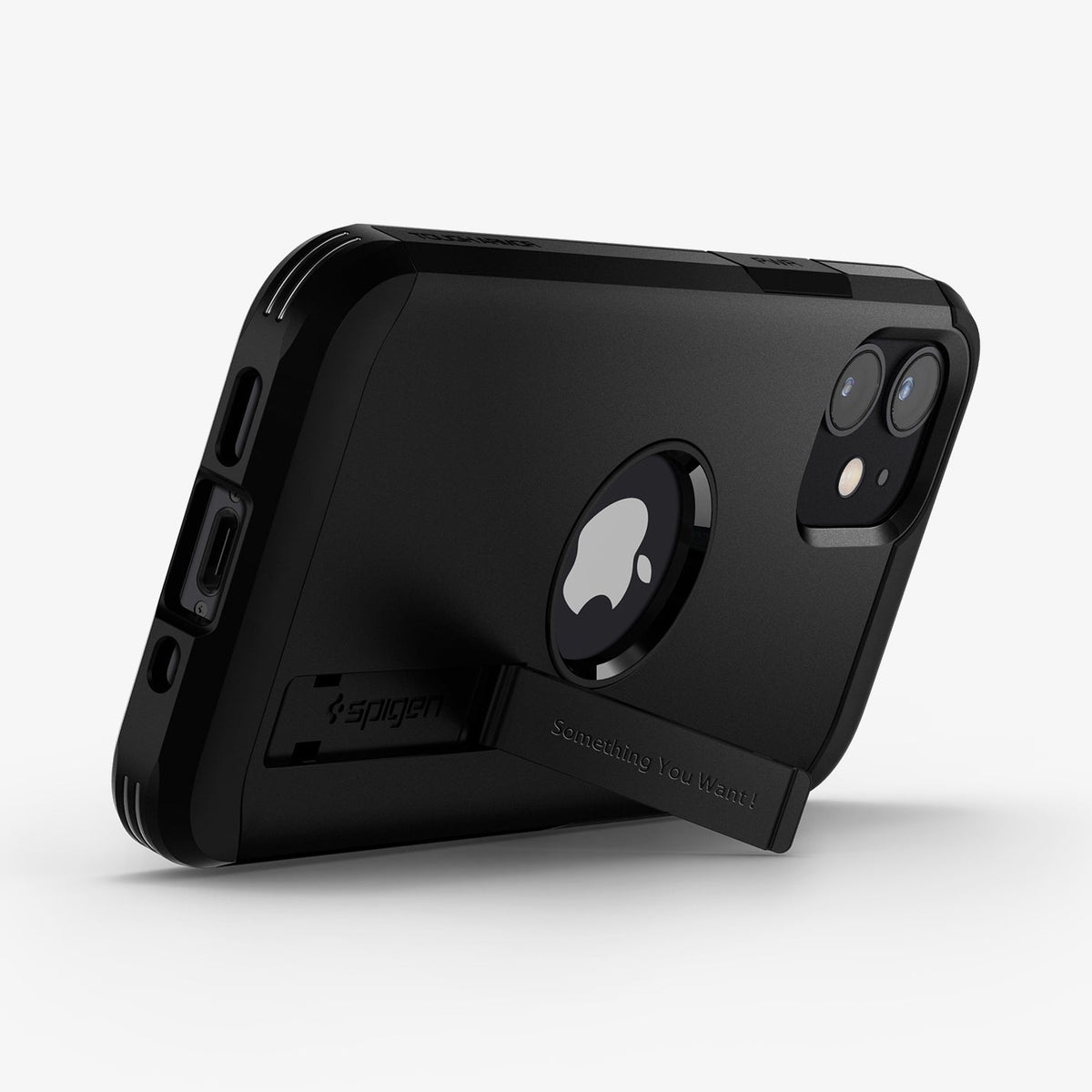 ACS01753 - iPhone 12 Mini Case Tough Armor in black showing the back and bottom with device propped up by built in kickstand