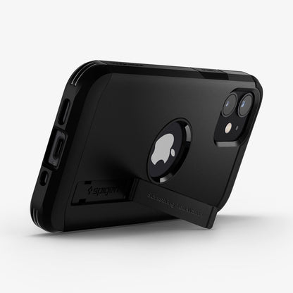 ACS01753 - iPhone 12 Mini Case Tough Armor in black showing the back and bottom with device propped up by built in kickstand
