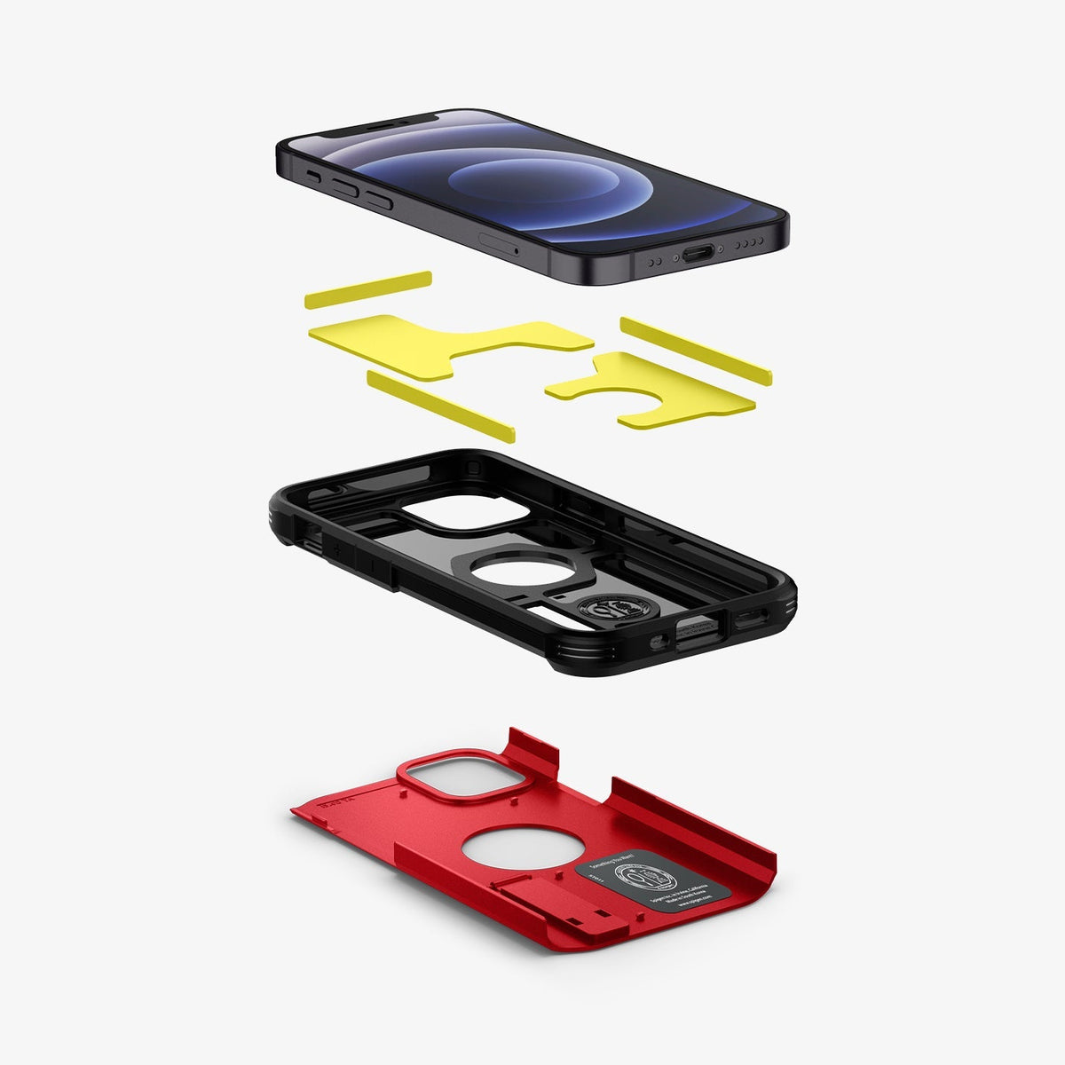 ACS02258 - iPhone 12 Mini Case Tough Armor in red showing the hard pc, soft tpu, impact foam and device