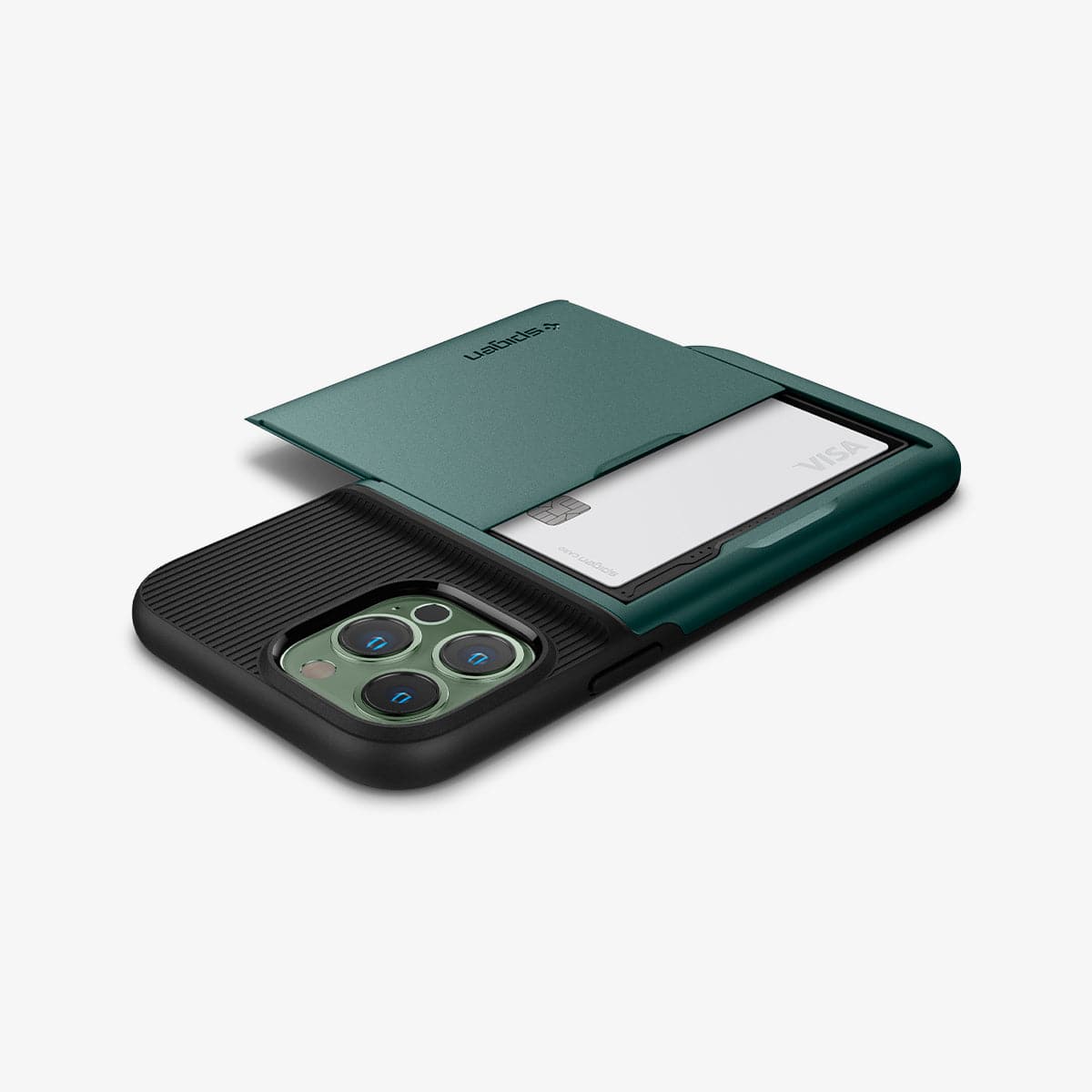 ACS04559 - iPhone 13 Pro Max Case Slim Armor CS in midnight green showing the back, side and top with card in slot
