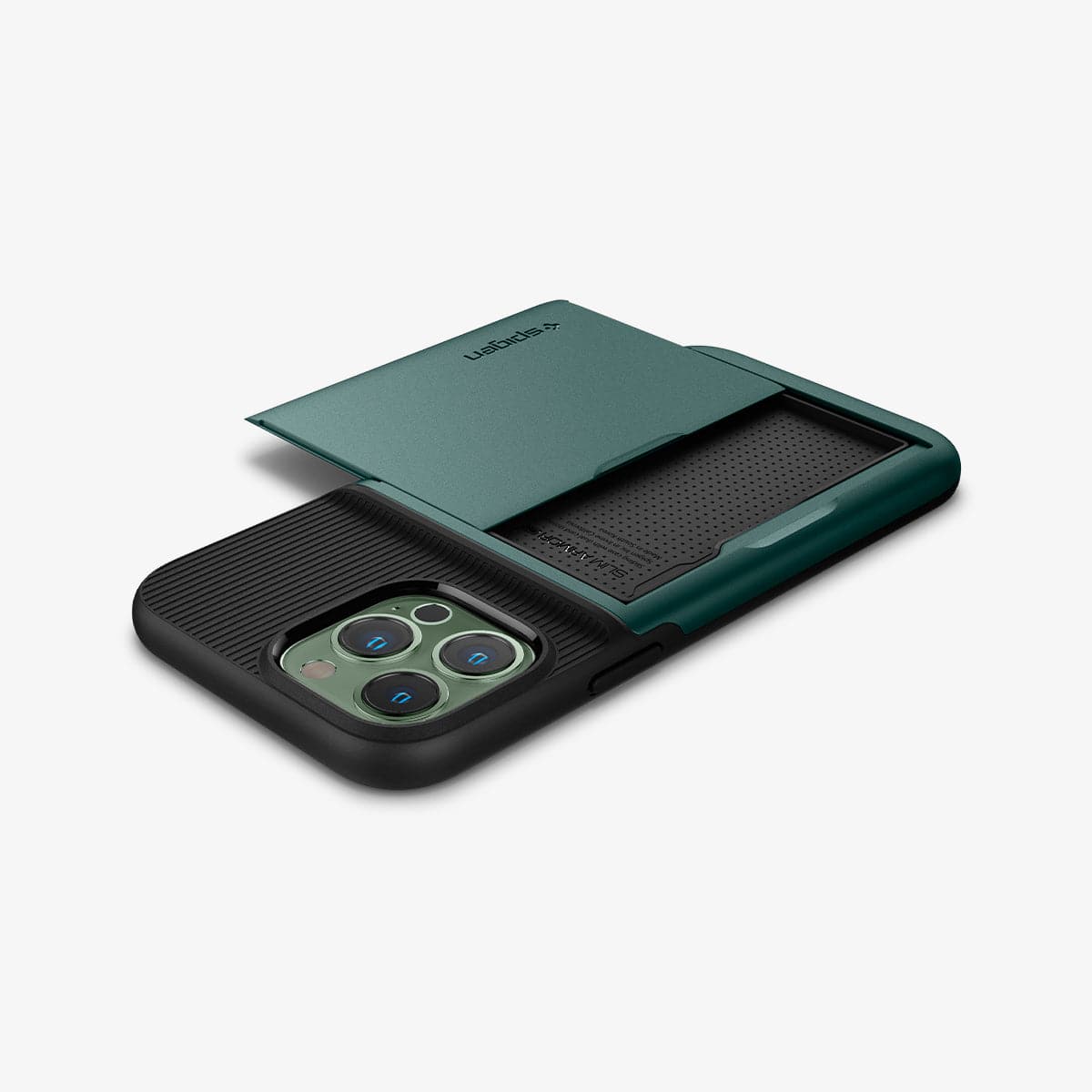 ACS04559 - iPhone 13 Pro Max Case Slim Armor CS in midnight green showing the back, side and top with card slot open
