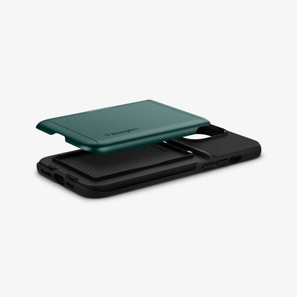 ACS04559 - iPhone 13 Pro Max Case Slim Armor CS in midnight green showing the back, side and bottom with card slot layer exposed