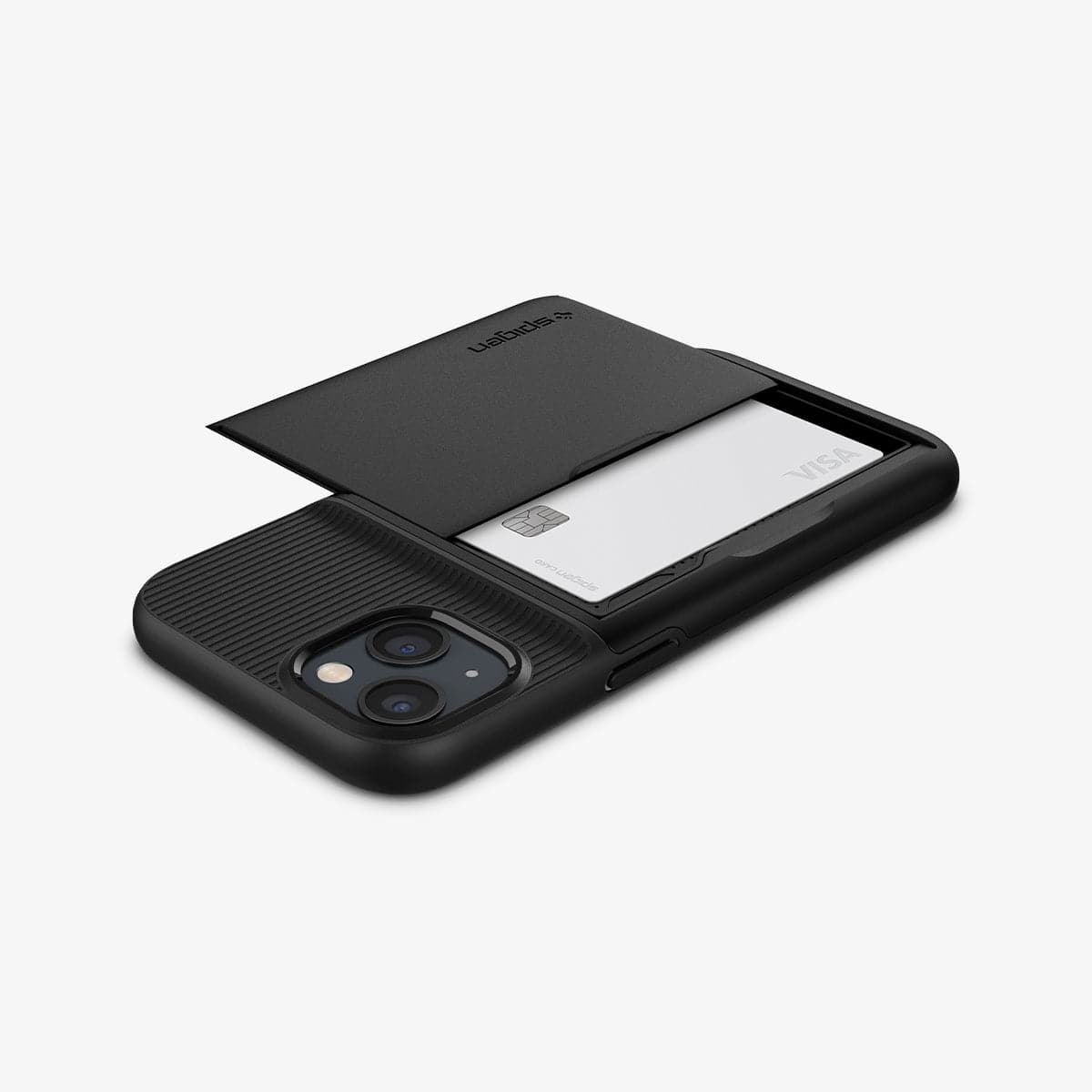 ACS03536 - iPhone 13 Case Slim Armor CS in black showing the back, side and top with card in slot