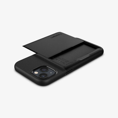 ACS03536 - iPhone 13 Case Slim Armor CS in black showing the back, side and top with card slot open