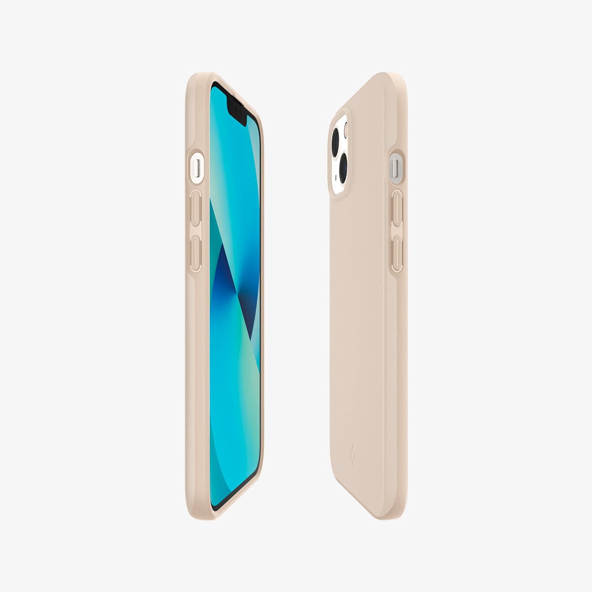 ACS03309 - iPhone 13 Mini Case Thin Fit in sand beige showing the sides, partial back and front
