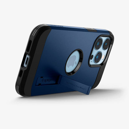 ACS03279 - iPhone 13 Pro Case Tough Armor in navy blue showing the bottom and back with kickstand out