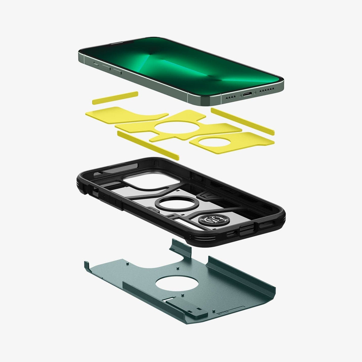 ACS04564 - iPhone 13 Pro Max Case Tough Armor in midnight green showing the hard PC layer, flexible TPU layer, impact foam layer and device