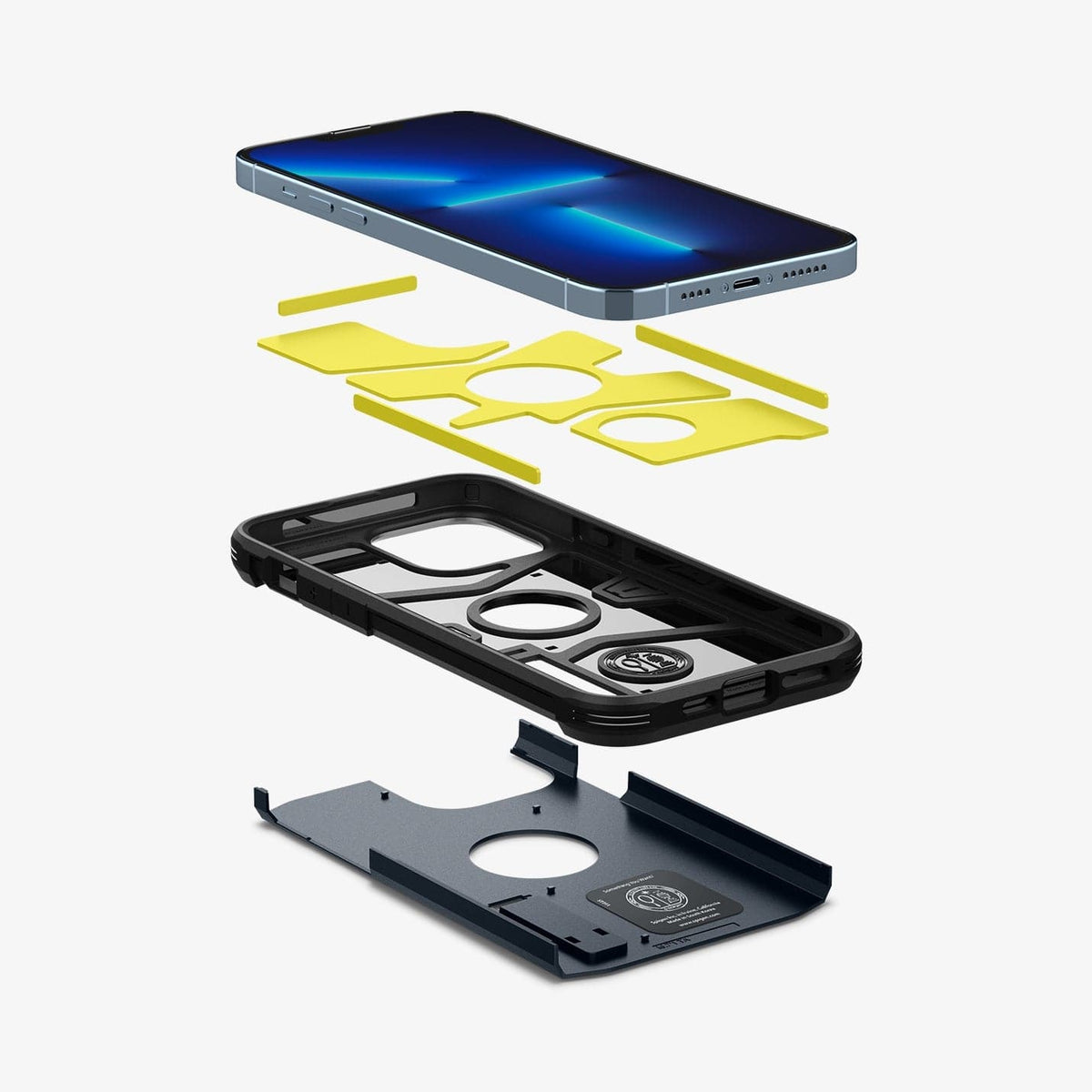 ACS03223 - iPhone 13 Pro Max Case Tough Armor in metal slate showing the hard PC layer, flexible TPU layer, impact foam and device