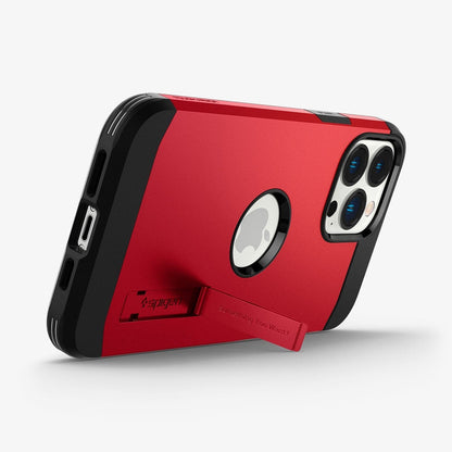 ACS03224 - iPhone 13 Pro Max Case Tough Armor in red showing the bottom and back with kickstand out