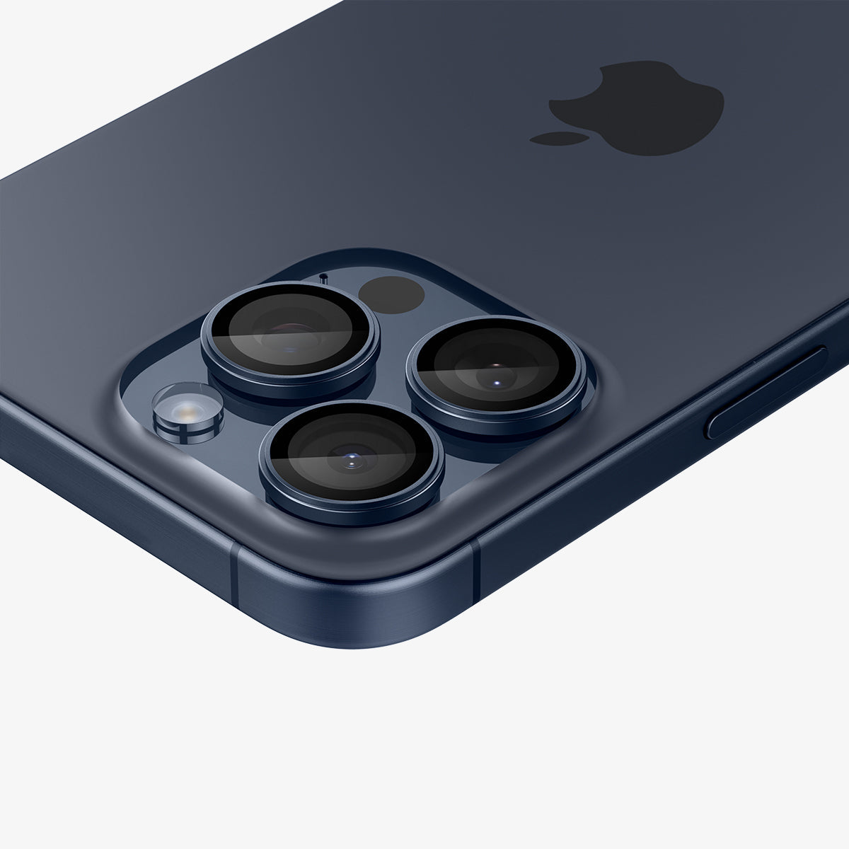 AGL07164 - iPhone 15 Pro / 15 Pro Max Optik Pro Lens Protector in blue titanium showing the back, side and top zoomed in on the camera lens
