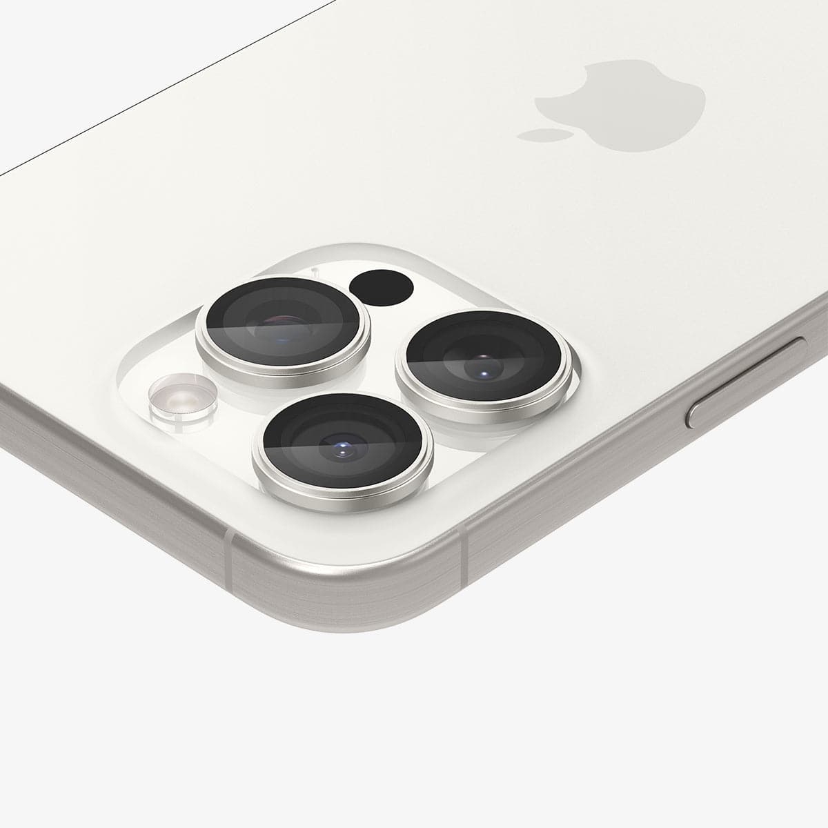 AGL07165 - iPhone 16 Pro / 16 Pro Max Optik Pro Lens Protector in white titanium showing the back, side and top zoomed in on the camera lens