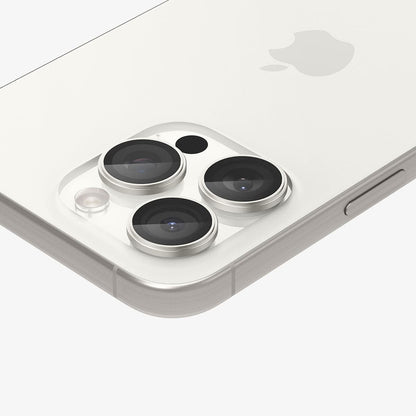 AGL07165 - iPhone 16 Pro / 16 Pro Max Optik Pro Lens Protector in white titanium showing the back, side and top zoomed in on the camera lens