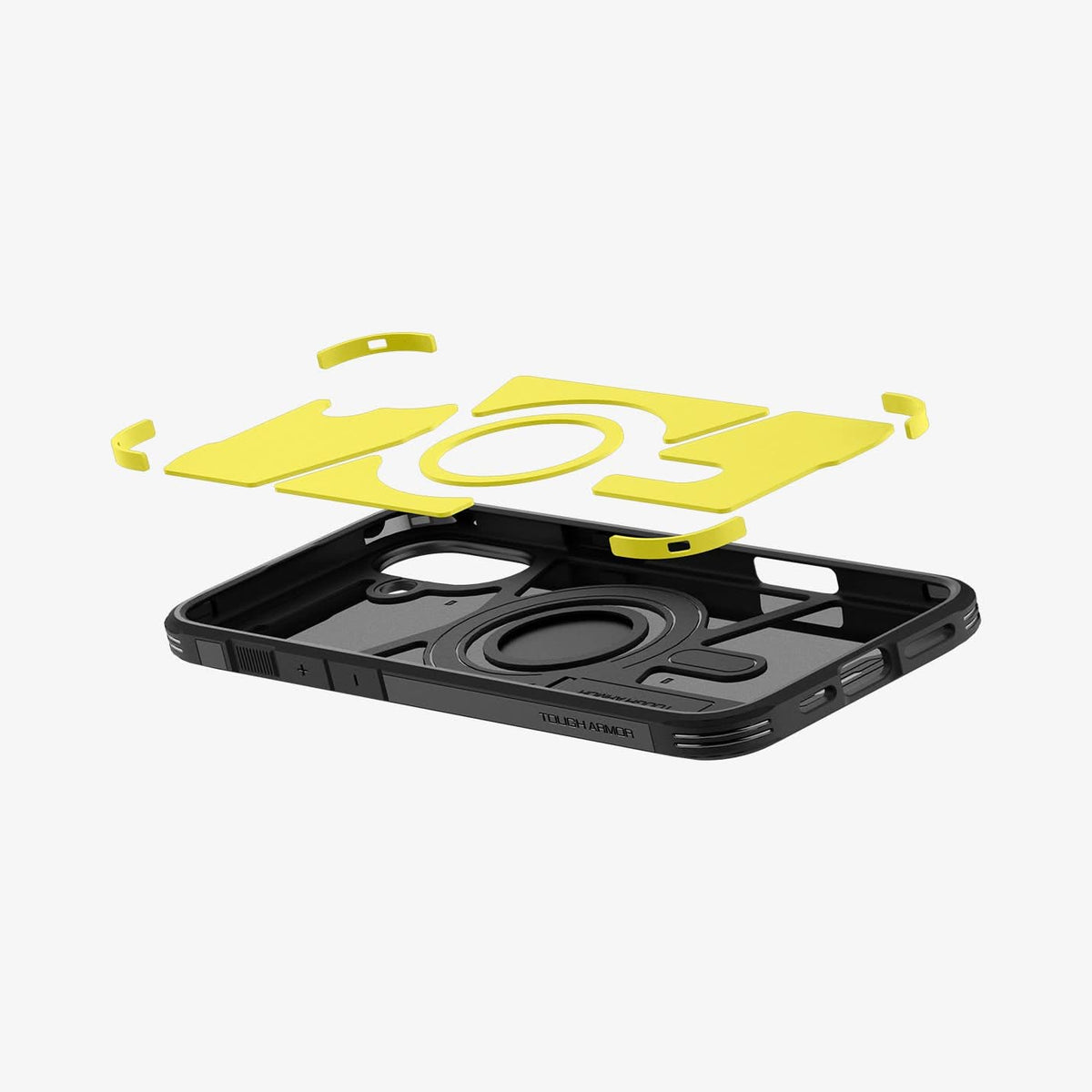 ACS08216 - iPhone 16 Case Tough Armor AI (MagFit) in Black showing the impact foam hovering above the inner case