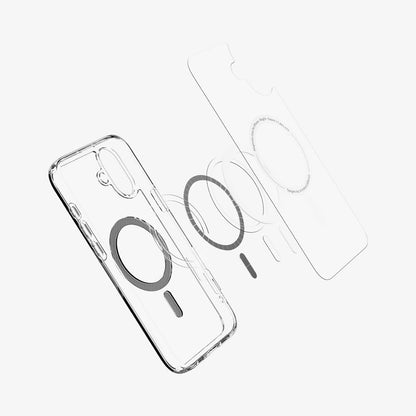ACS08077 - iPhone 16 Plus Case Ultra Hybrid (MagFit) in Carbon Fiber showing the front of soft inner layer hovering above the magsafe magnet plate and the case