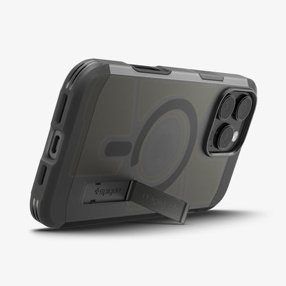 ACS09072 - iPhone 16 Pro Case Tough Armor T AI (MagFit) in Frost Black showing the back and bottom with device propped up