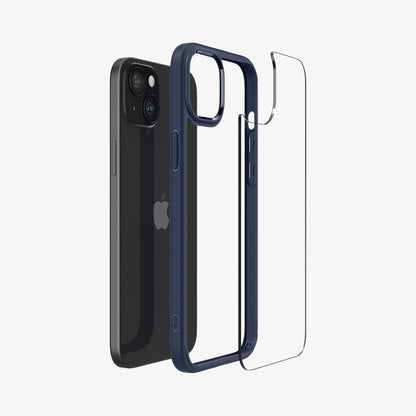 ACS06801 - iPhone 15 Case Ultra Hybrid in navy blue showing the back with multiple layers of case hovering away from device