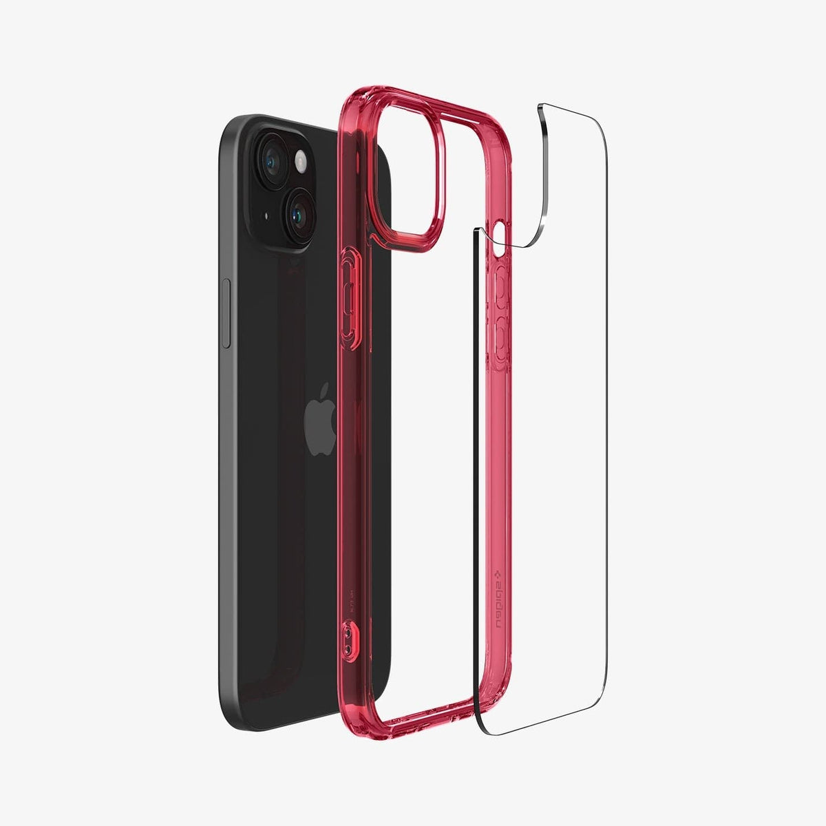 ACS06794 - iPhone 15 Case Ultra Hybrid in red crystal showing the back with multiple layers of case hovering away from device