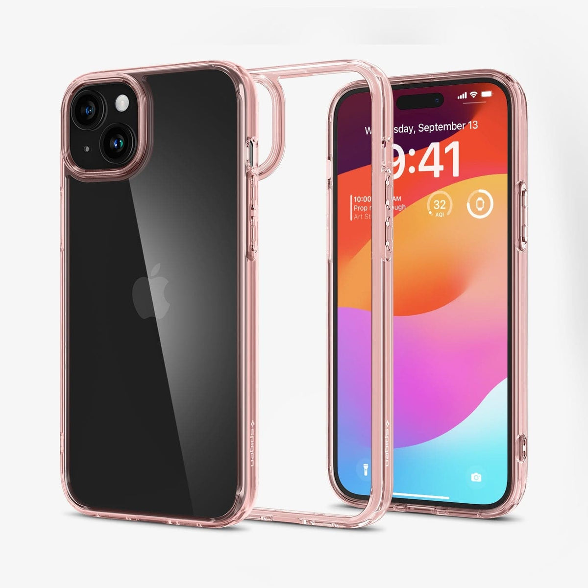 ACS06795 - iPhone 15 Case Ultra Hybrid in rose crystal showing the back, inside and front