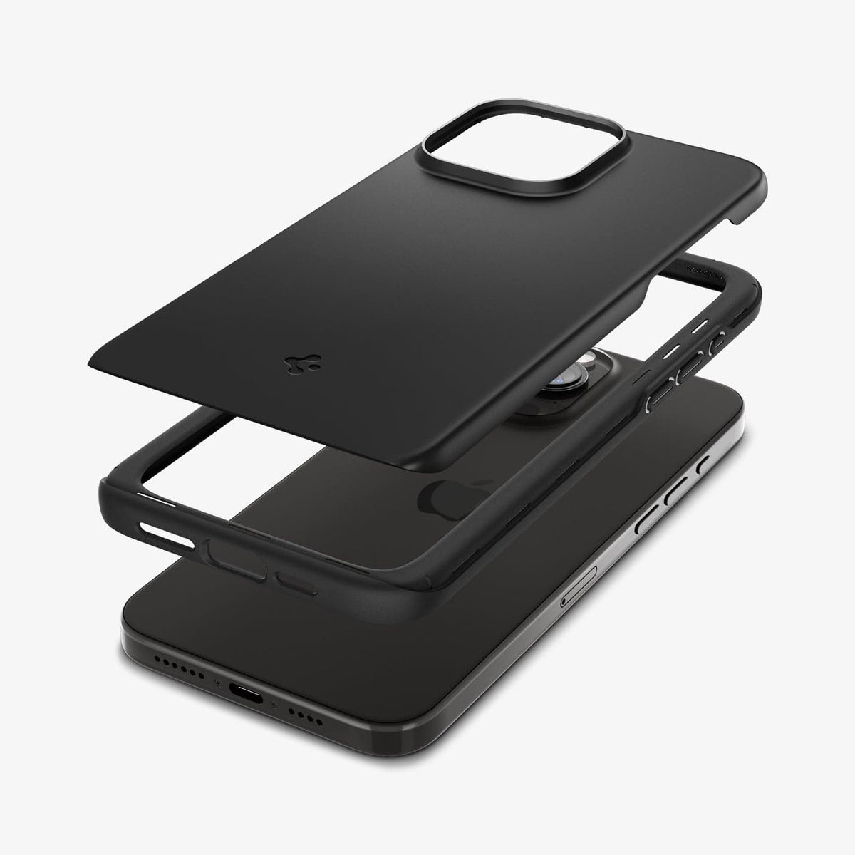 ACS06686 - iPhone 15 Pro Case Thin Fit in black showing the multiple layers of case hovering above the device