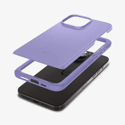 ACS06692 - iPhone 15 Pro Case Thin Fit in iris purple showing the multiple layers of case hovering above the device