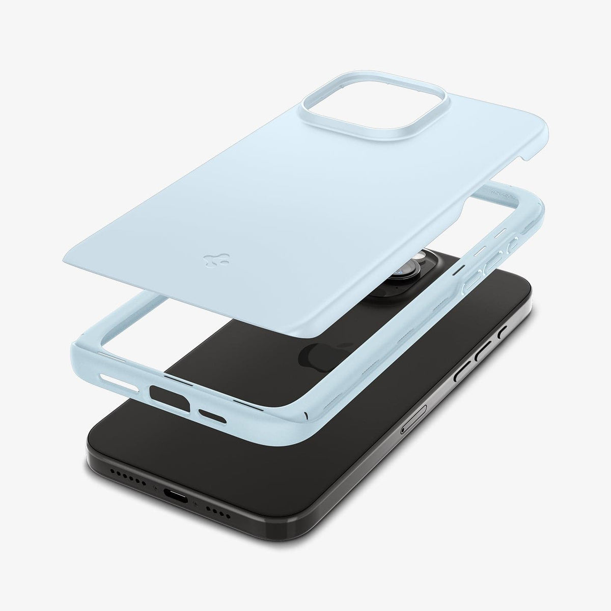 ACS06693 - iPhone 15 Pro Case Thin Fit in mute blue showing the multiple layers of case hovering above the device