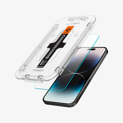 AGL05214 - iPhone 14 Pro Screen Protector EZ FIT GLAS.tR (Sensor Protection) showing the ez fit tray and screen protector hovering over device