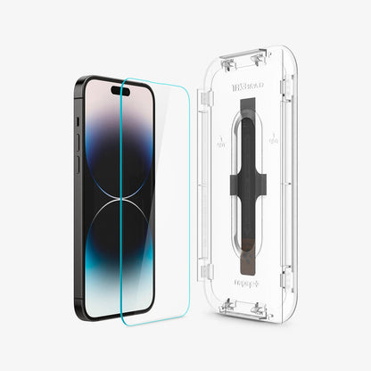 AGL05214 - iPhone 14 Pro Screen Protector EZ FIT GLAS.tR (Sensor Protection) showing the device, screen protector and ez fit tray